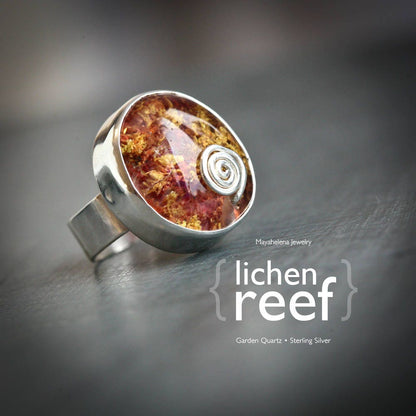 Lichen Reef - Lodolite Quartz Crystal Sterling Silver Statement Ring