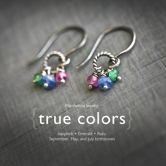 True Colors - Genuine Sapphire, Emerald, Ruby Sterling Silver Earrings