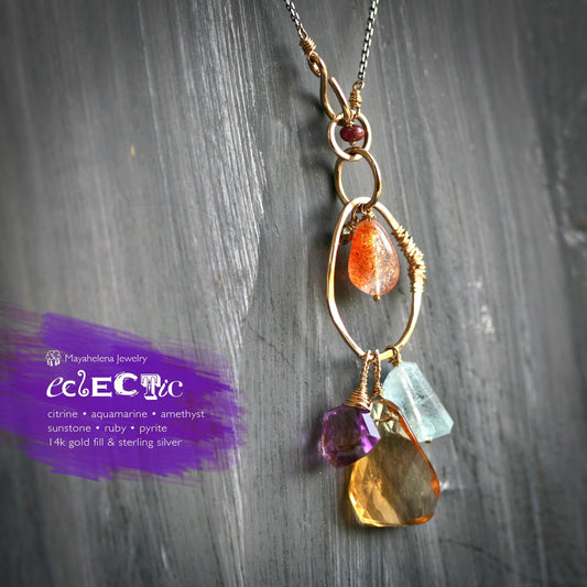 Eclectic - Multi Gemstone Mixed Metal Necklace Citrine Aquamarine Amethyst Sunstone Ruby Pyrite