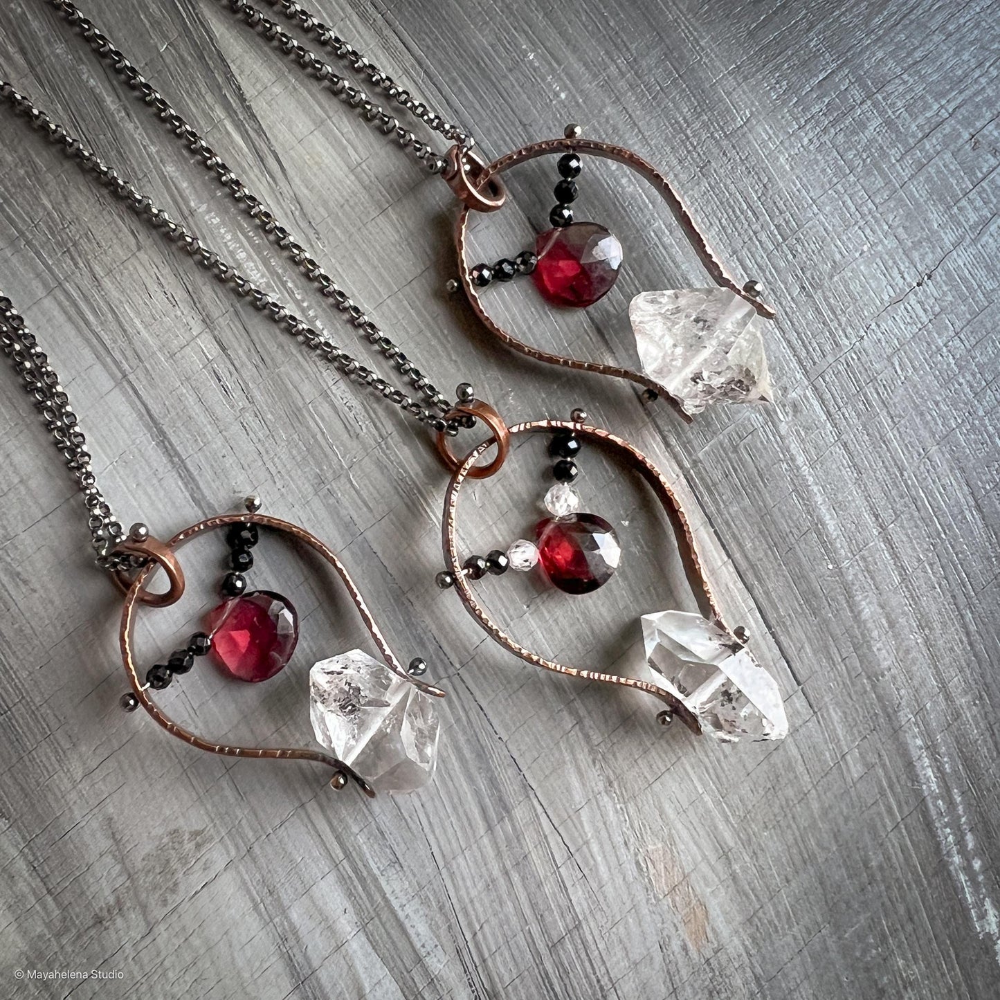 Soulmate - Herkimer Diamond Garnet Copper Sterling Silver Necklace