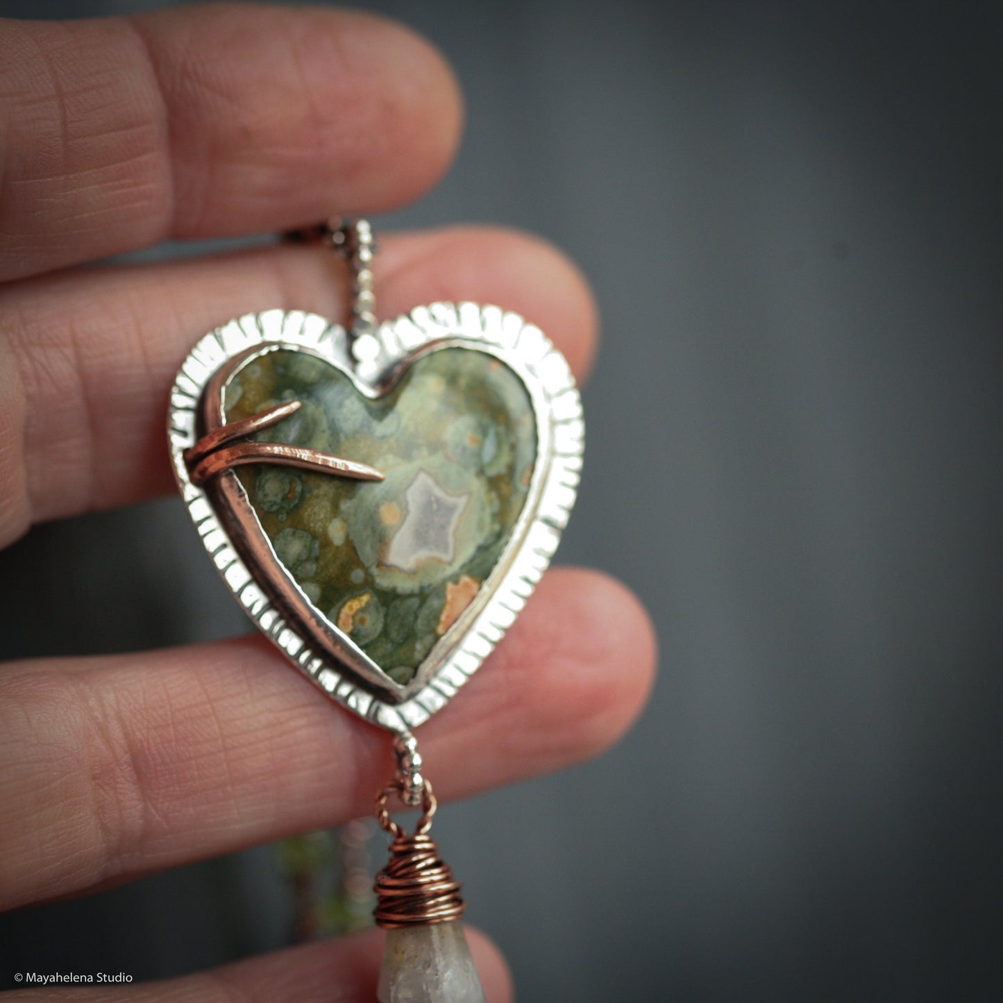 i carry your heart  Rainforest Jasper Amethyst Heart Copper Sterling Silver Pendant Valentine Gift