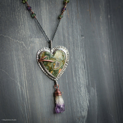 i carry your heart  Rainforest Jasper Amethyst Heart Copper Sterling Silver Pendant Valentine Gift