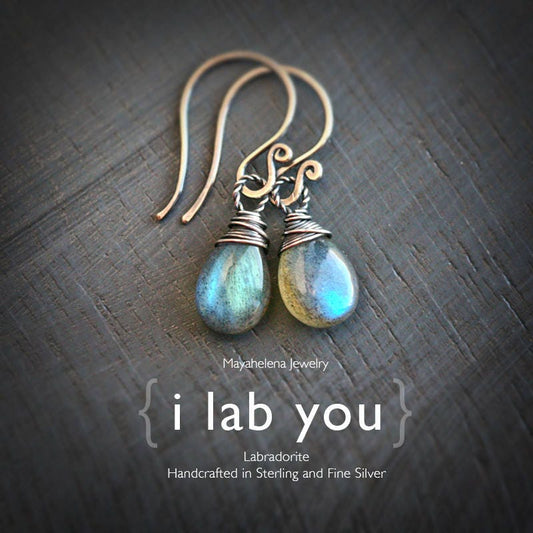 I lab you  - Smooth Labradorite Briolettes Sterling Silver Wire Wrapped Earrings