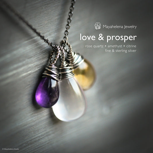 Love & Prosper Gemstone Trio - Rose Quartz, Amethyst and Citrine Sterling Silver Wire Wrapped Necklace