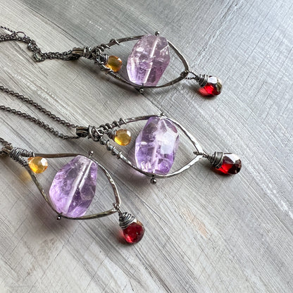 Serenity - Amethyst Garnet Citrine Sterling Silver Pendant Necklace