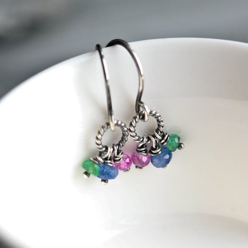 True Colors - Genuine Sapphire, Emerald, Ruby Sterling Silver Earrings