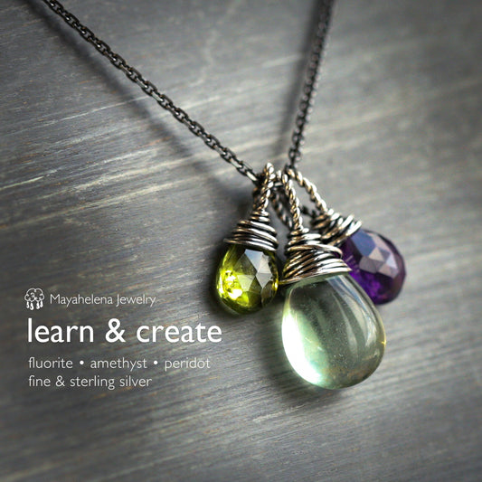 Learn & Create Gemstone Trio - Green Fluorite, Amethyst and Peridot Sterling Silver Wire Wrapped Necklace