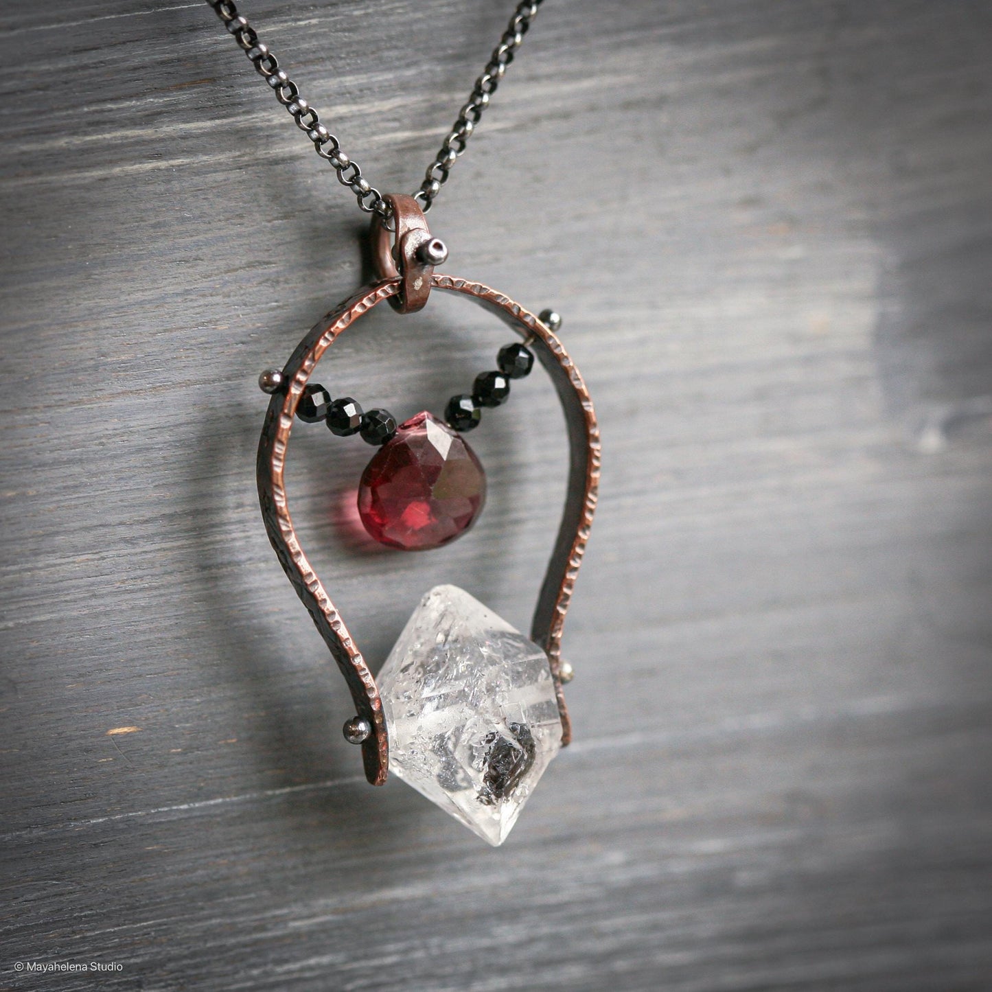 Soulmate - Herkimer Diamond Garnet Copper Sterling Silver Necklace