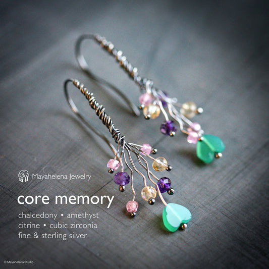 Core Memory - Green Chalcedony Hearts Amethyst Citrine Cubic Zirconia Free Form Wire Sculpted Sterling Silver Earrings