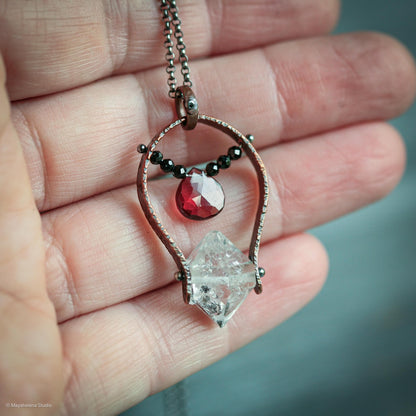 Soulmate - Herkimer Diamond Garnet Copper Sterling Silver Necklace