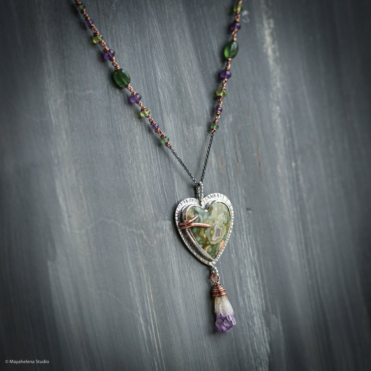 i carry your heart  Rainforest Jasper Amethyst Heart Copper Sterling Silver Pendant Valentine Gift