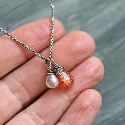 Solar Eclipse - Moonstone and Sunstone Wire Wrapped Sterling Silver Necklace