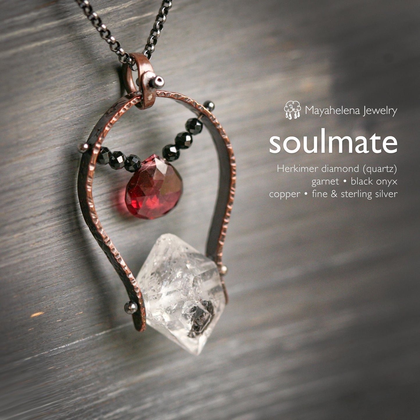 Soulmate - Herkimer Diamond Garnet Copper Sterling Silver Necklace