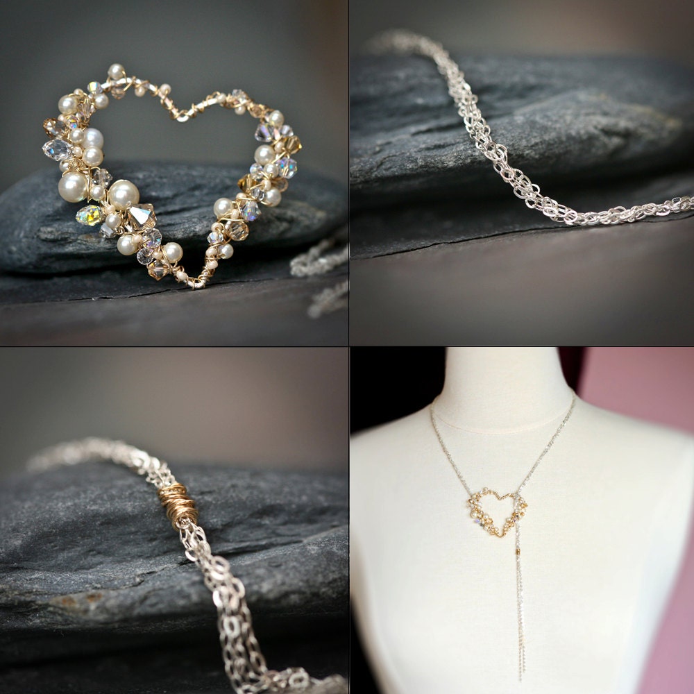 Pearl and Crystal Encrusted Sterling Gold Wire Wrapped Heart Lariat