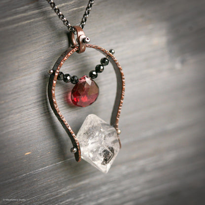 Soulmate - Herkimer Diamond Garnet Copper Sterling Silver Necklace