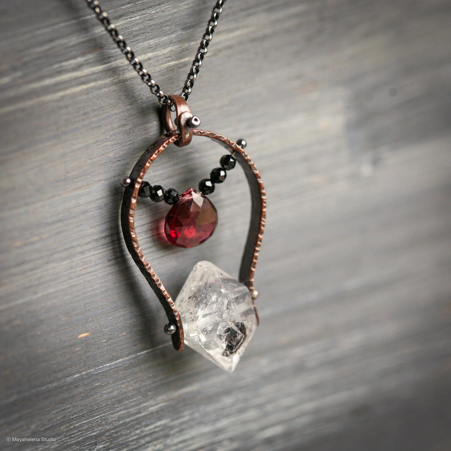 Soulmate - Herkimer Diamond Garnet Copper Sterling Silver Necklace