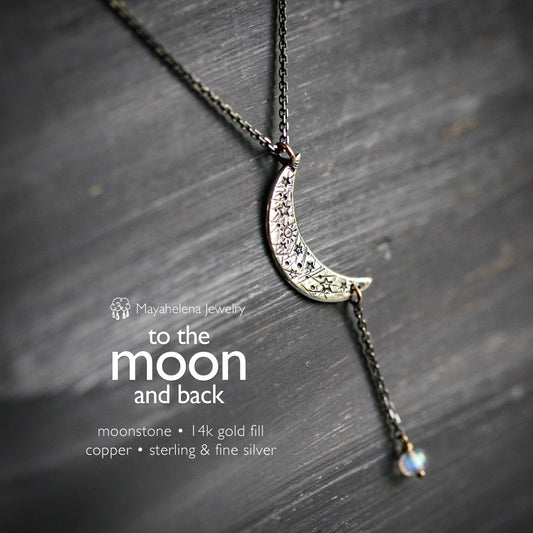 To the Moon and Back - Hand Forged Moon Sterling Silver Necklace with a Moonstone Dangle