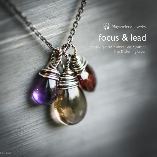 Focus & Lead Gemstone Trio - Smoky Quartz, Amethyst and Garnet Sterling Silver Wire Wrapped Necklace