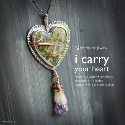 i carry your heart  Rainforest Jasper Amethyst Heart Copper Sterling Silver Pendant Valentine Gift