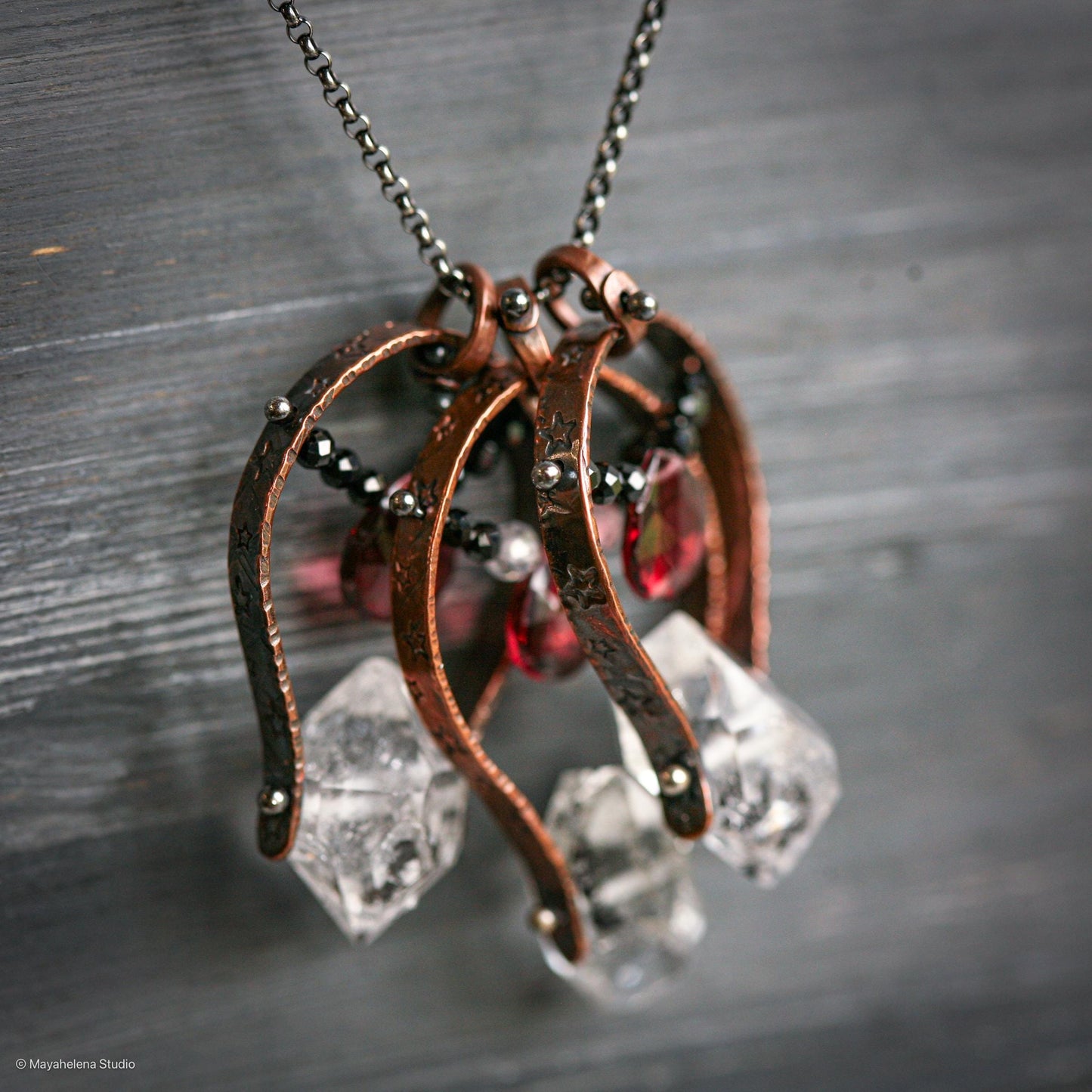 Soulmate - Herkimer Diamond Garnet Copper Sterling Silver Necklace