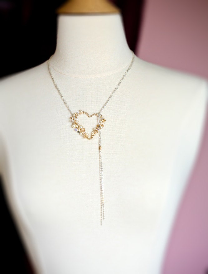 Pearl and Crystal Encrusted Sterling Gold Wire Wrapped Heart Lariat