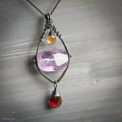 Serenity - Amethyst Garnet Citrine Sterling Silver Pendant Necklace