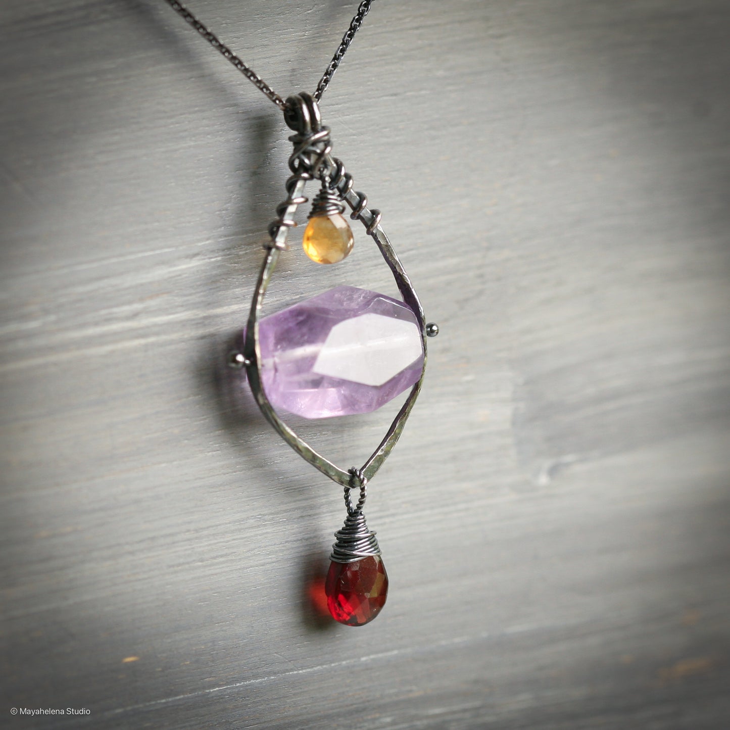 Serenity - Amethyst Garnet Citrine Sterling Silver Pendant Necklace