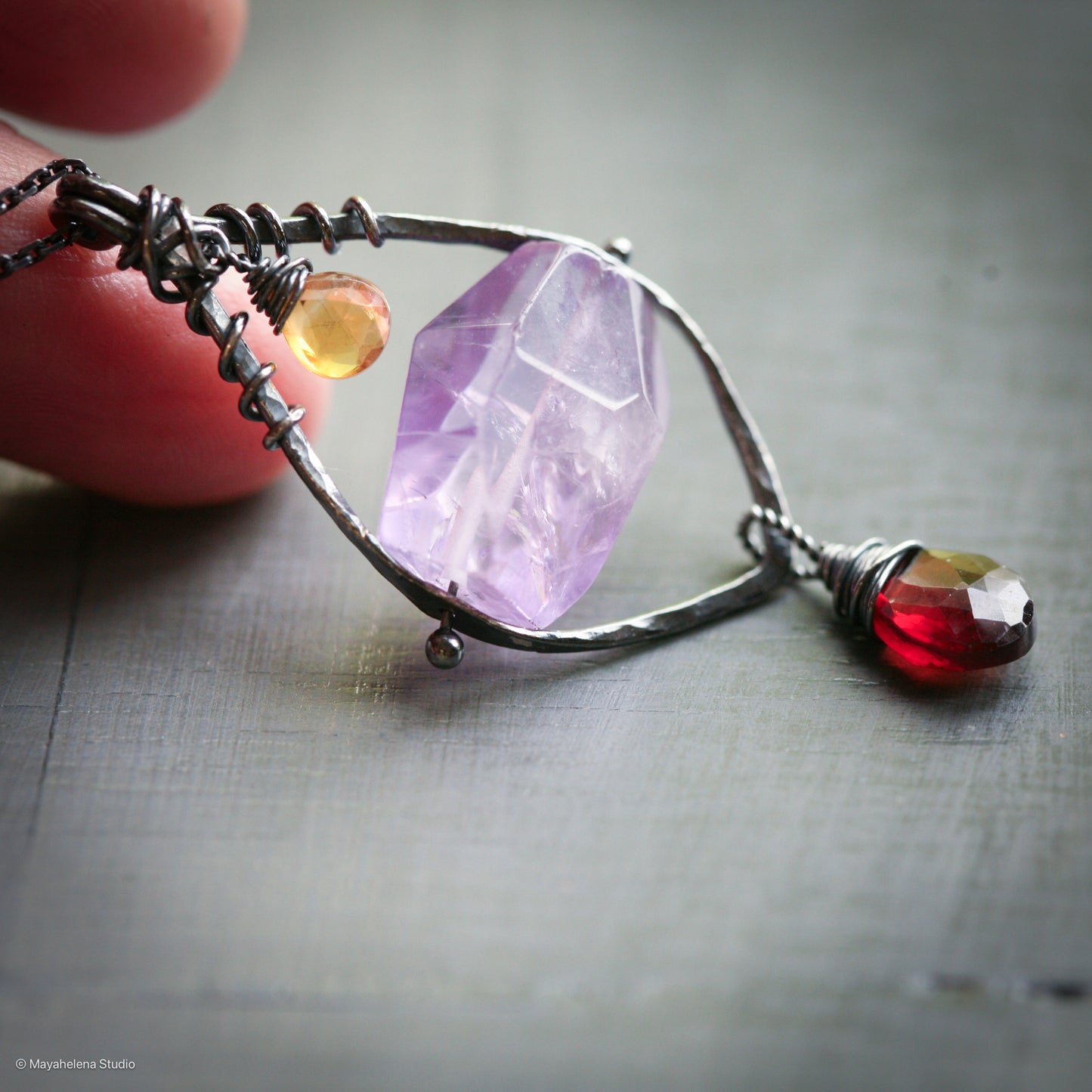 Serenity - Amethyst Garnet Citrine Sterling Silver Pendant Necklace