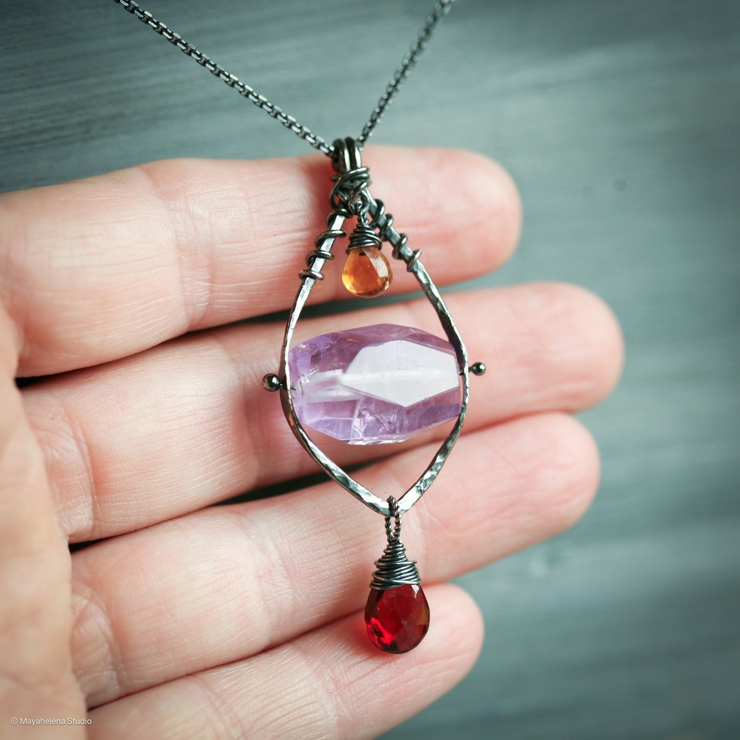 Serenity - Amethyst Garnet Citrine Sterling Silver Pendant Necklace