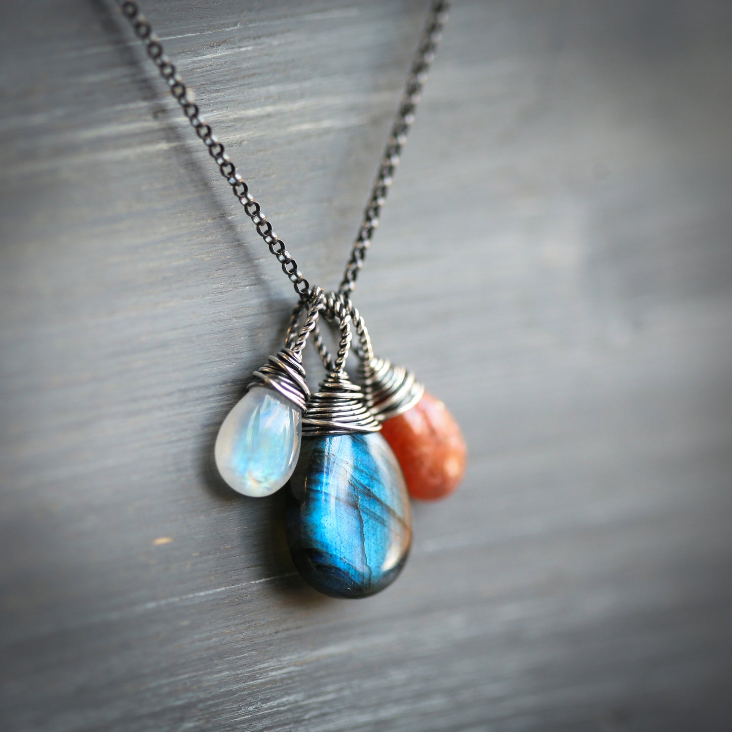 The Equinox  - Labradorite Moonstone and Sunstone Wire Wrapped Sterling Silver Necklace