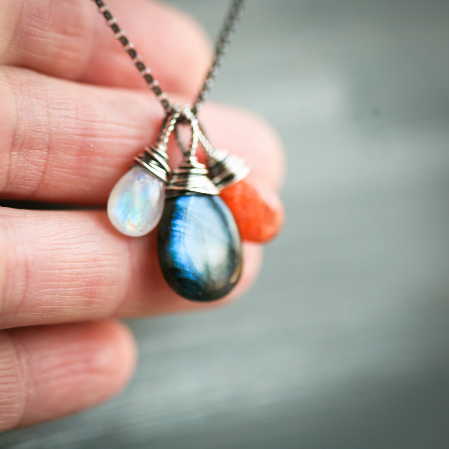 The Equinox  - Labradorite Moonstone and Sunstone Wire Wrapped Sterling Silver Necklace