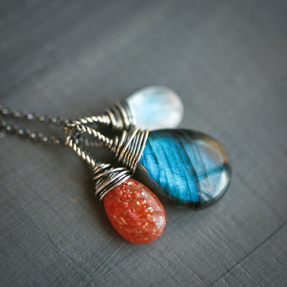 The Equinox  - Labradorite Moonstone and Sunstone Wire Wrapped Sterling Silver Necklace