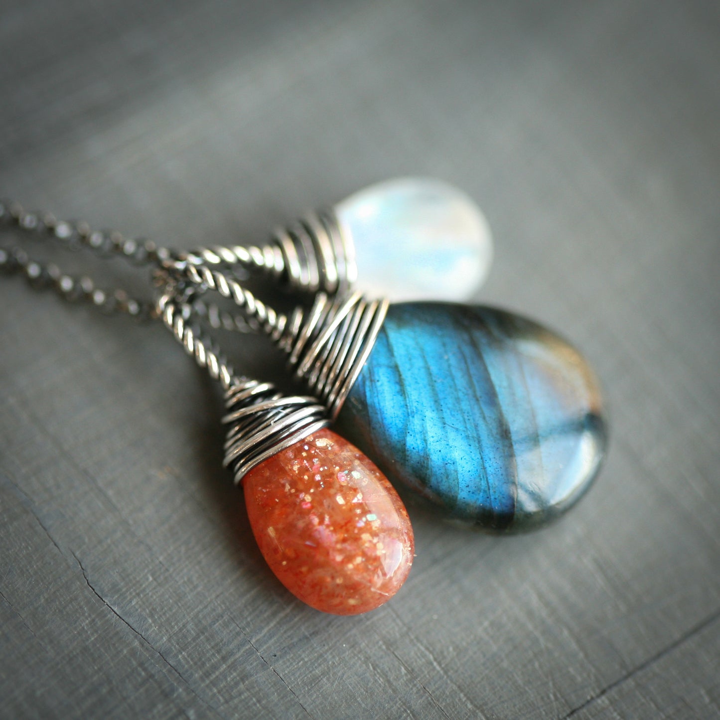 The Equinox  - Labradorite Moonstone and Sunstone Wire Wrapped Sterling Silver Necklace