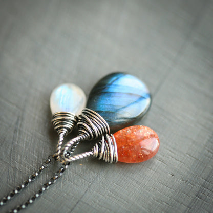 The Equinox  - Labradorite Moonstone and Sunstone Wire Wrapped Sterling Silver Necklace