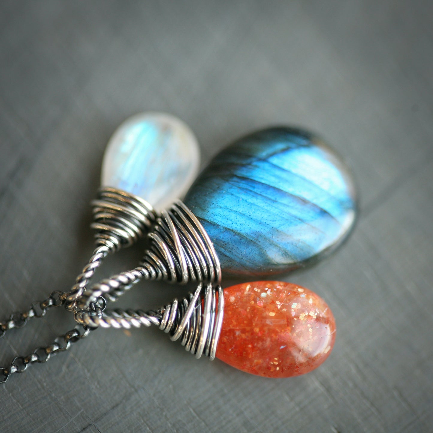 The Equinox  - Labradorite Moonstone and Sunstone Wire Wrapped Sterling Silver Necklace