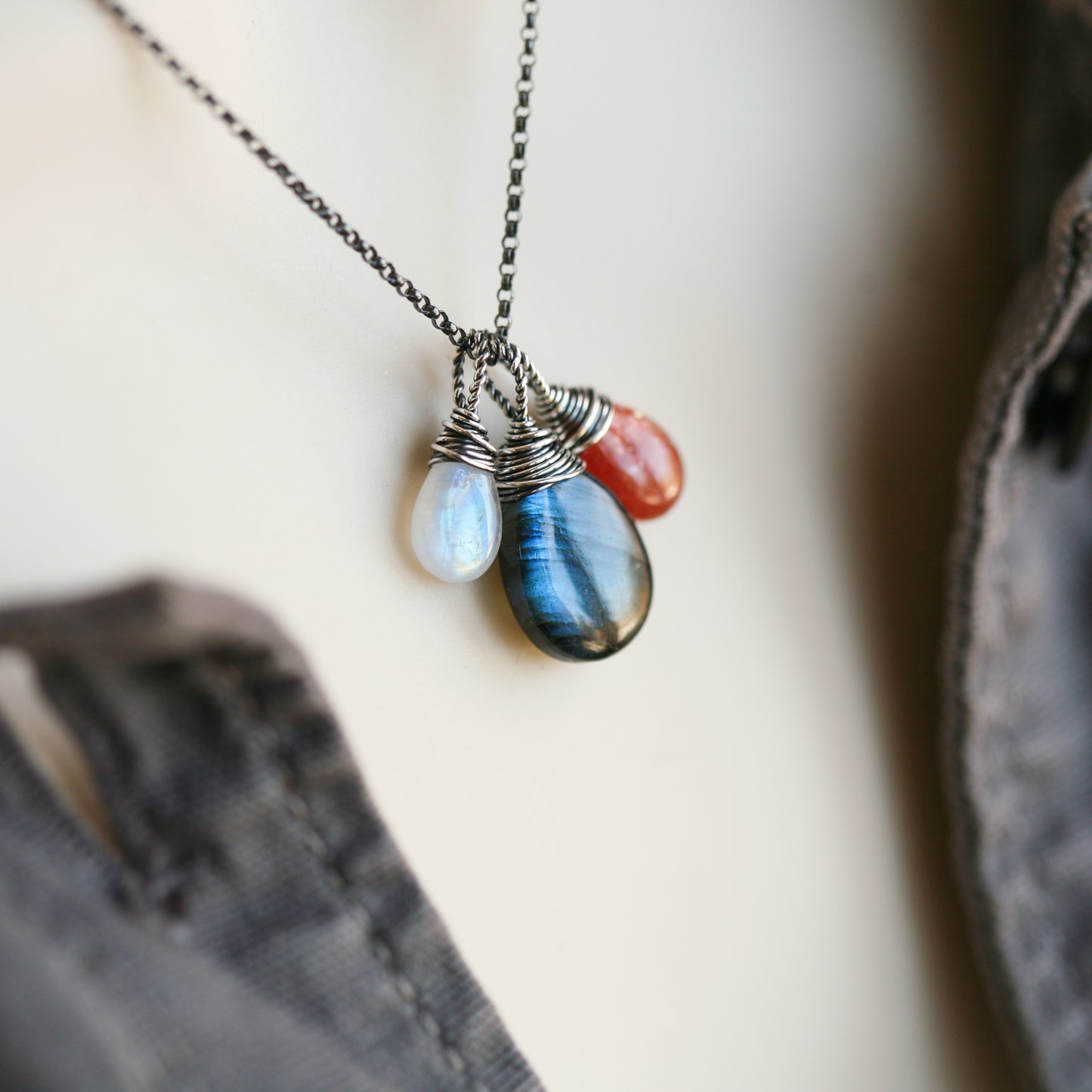 The Equinox  - Labradorite Moonstone and Sunstone Wire Wrapped Sterling Silver Necklace