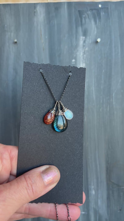 The Equinox  - Labradorite Moonstone and Sunstone Wire Wrapped Sterling Silver Necklace