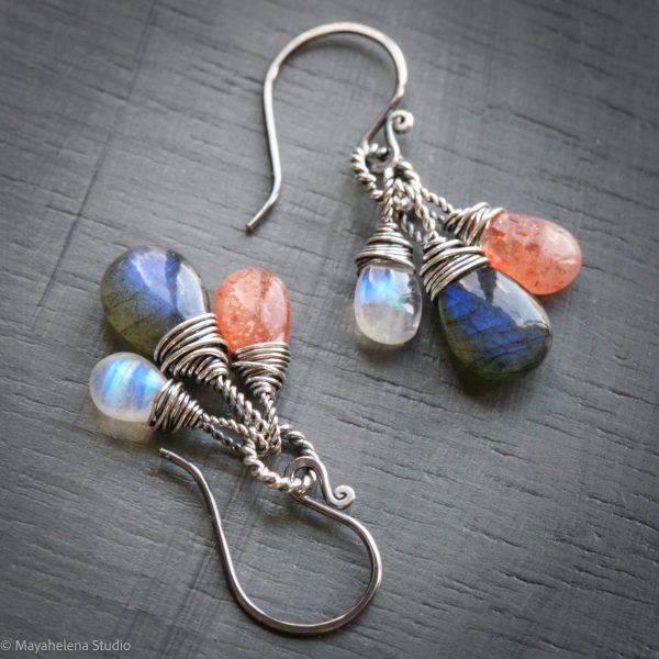 The Equinox  - Labradorite Moonstone and Sunstone Wire Wrapped Sterling Silver Earrings