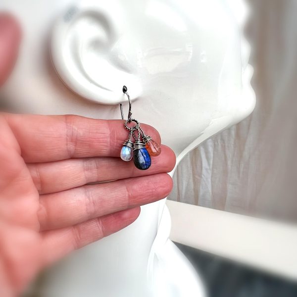 The Equinox  - Labradorite Moonstone and Sunstone Wire Wrapped Sterling Silver Earrings