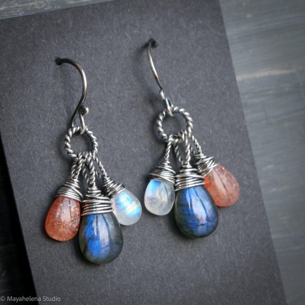 The Equinox  - Labradorite Moonstone and Sunstone Wire Wrapped Sterling Silver Earrings