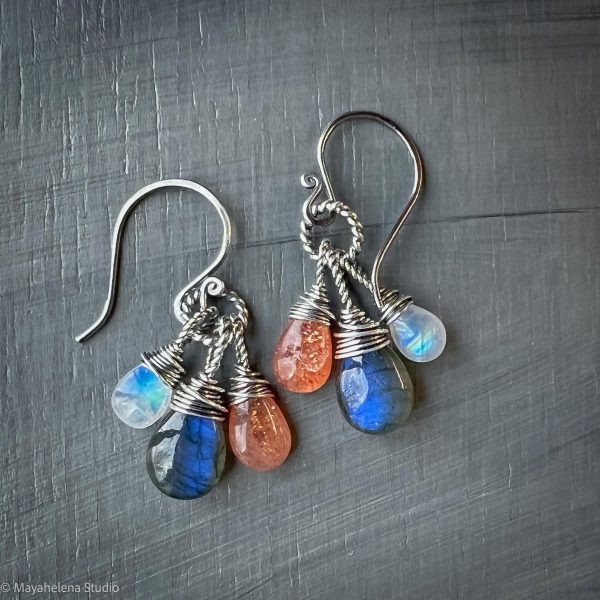 The Equinox  - Labradorite Moonstone and Sunstone Wire Wrapped Sterling Silver Earrings