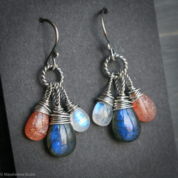 The Equinox  - Labradorite Moonstone and Sunstone Wire Wrapped Sterling Silver Earrings