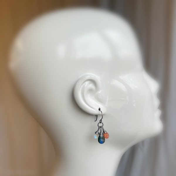 The Equinox  - Labradorite Moonstone and Sunstone Wire Wrapped Sterling Silver Earrings