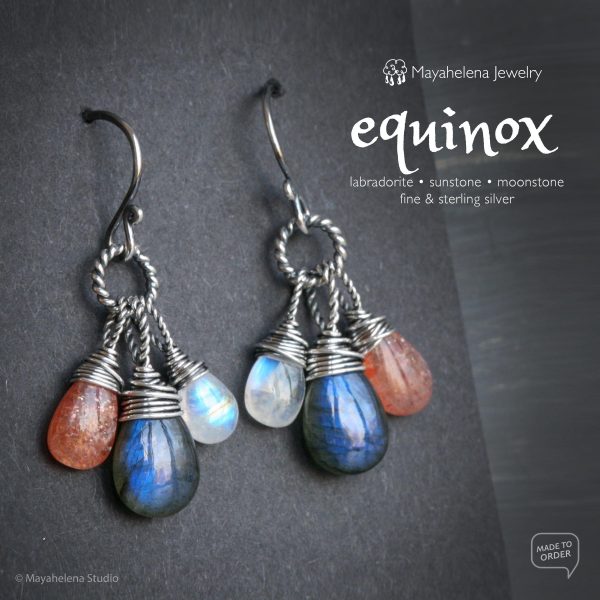 The Equinox  - Labradorite Moonstone and Sunstone Wire Wrapped Sterling Silver Earrings
