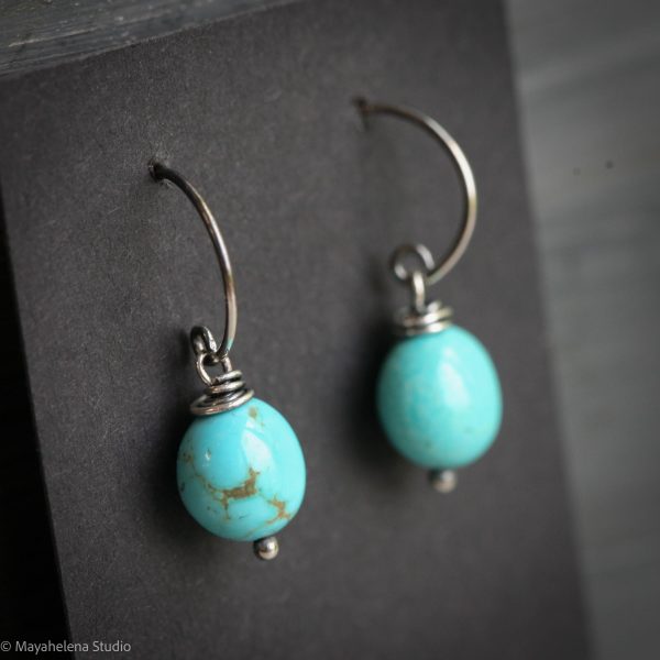 Ancient Flow  - Smooth Turquoise Ovals Sterling Silver Wire Wrapped Earrings