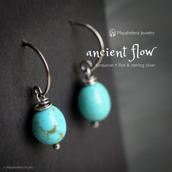 Ancient Flow  - Smooth Turquoise Ovals Sterling Silver Wire Wrapped Earrings