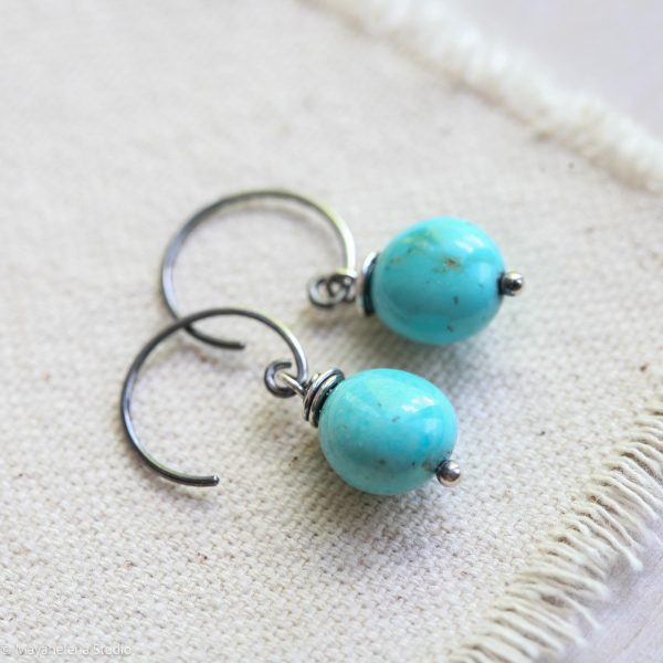Ancient Flow  - Smooth Turquoise Ovals Sterling Silver Wire Wrapped Earrings