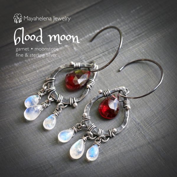 Blood Moon - Moonstone Garnet Wire Wrapped Sterling Earrings