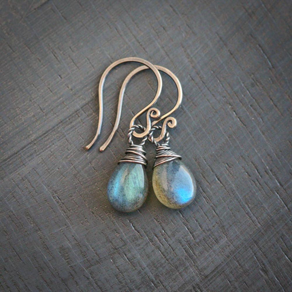 I lab you  - Smooth Labradorite Briolettes Sterling Silver Wire Wrapped Earrings