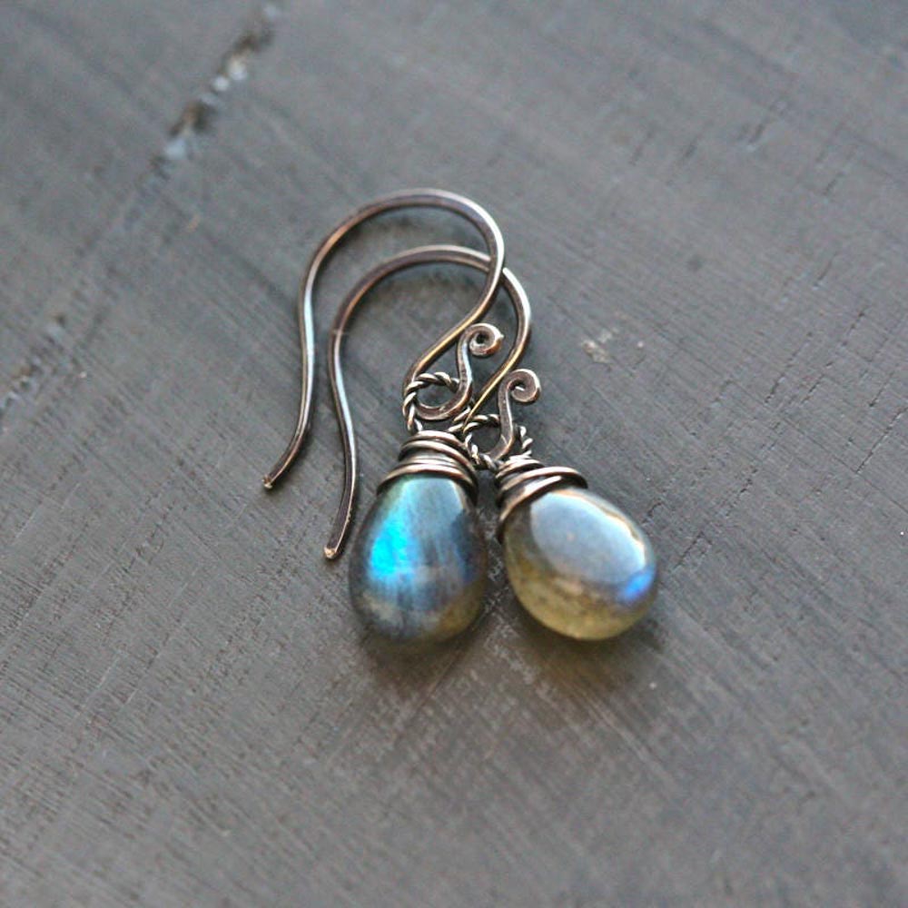 I lab you  - Smooth Labradorite Briolettes Sterling Silver Wire Wrapped Earrings